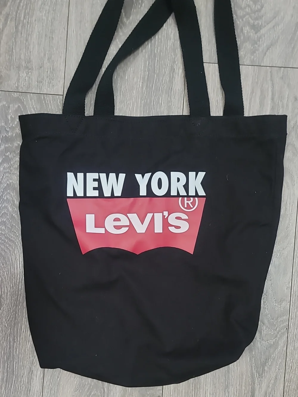 Levi's Black Canvas Tote with Red Logo and White Text